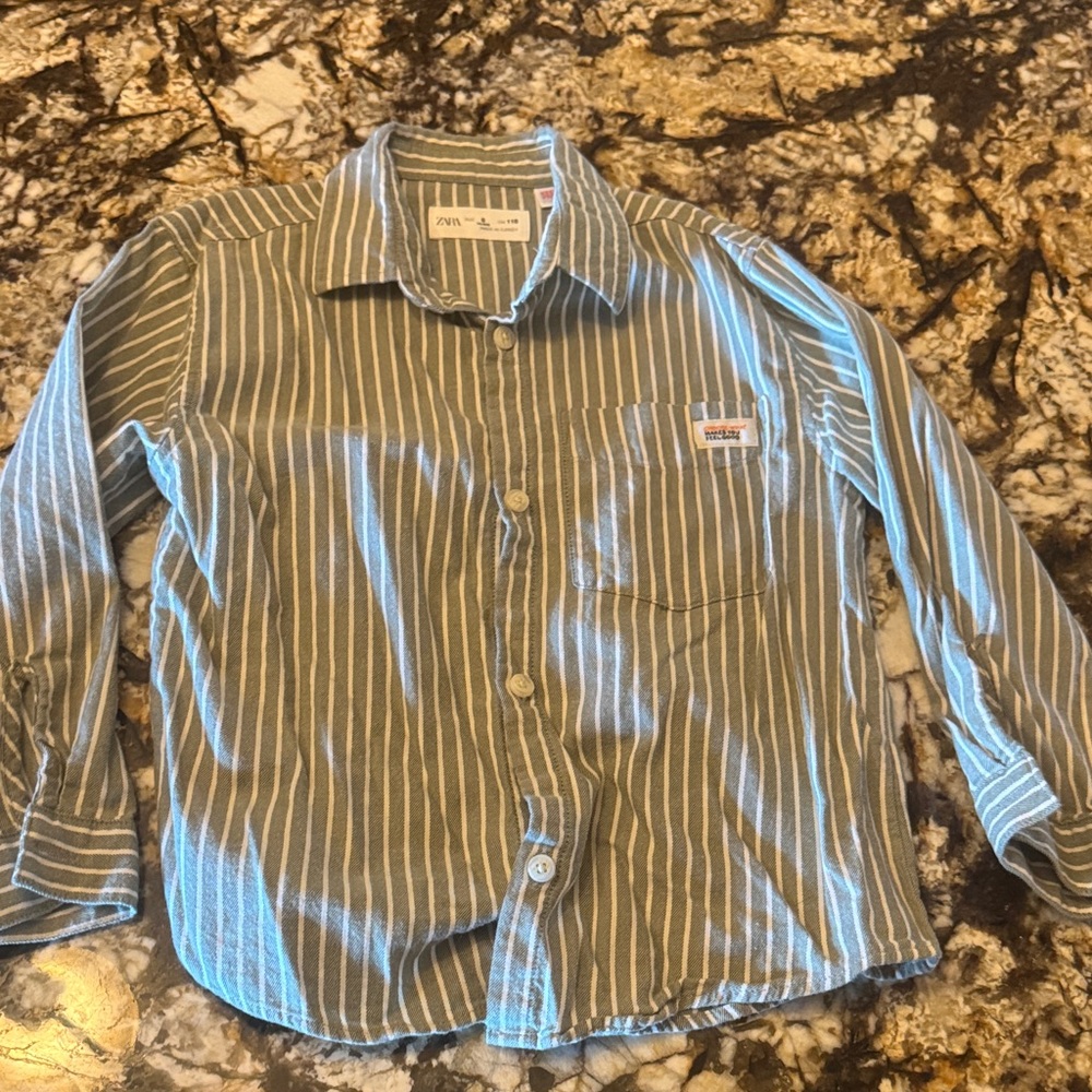 Zara Kids Green Striped Button Down Shirt